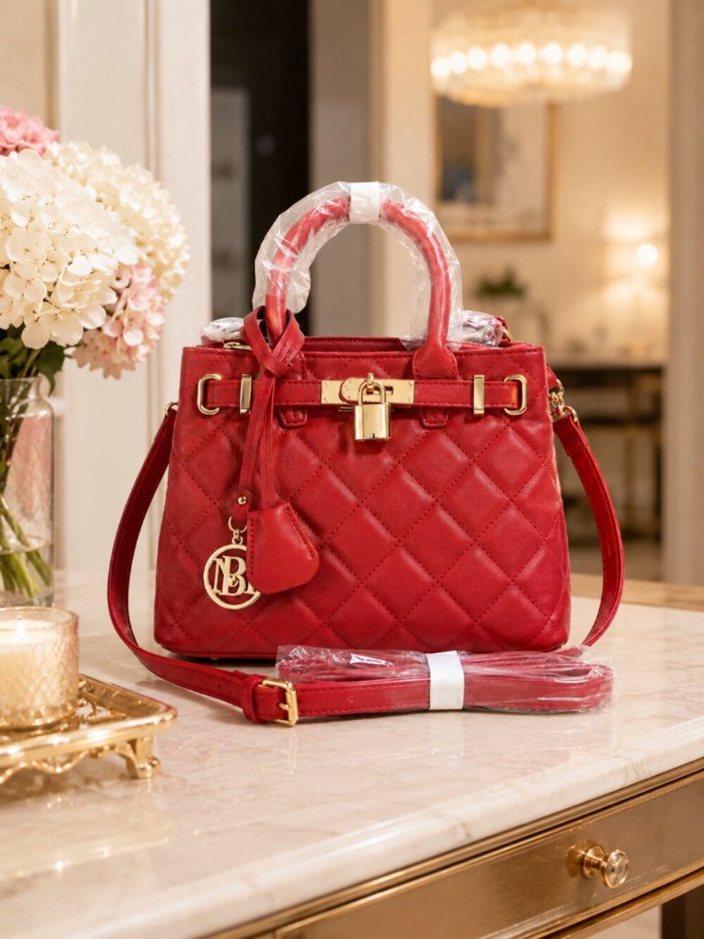 Studio Badgley Mischka BM-4162 Brick Red Quilted Mini Tote Crossbody NWT - Picture 6 of 15